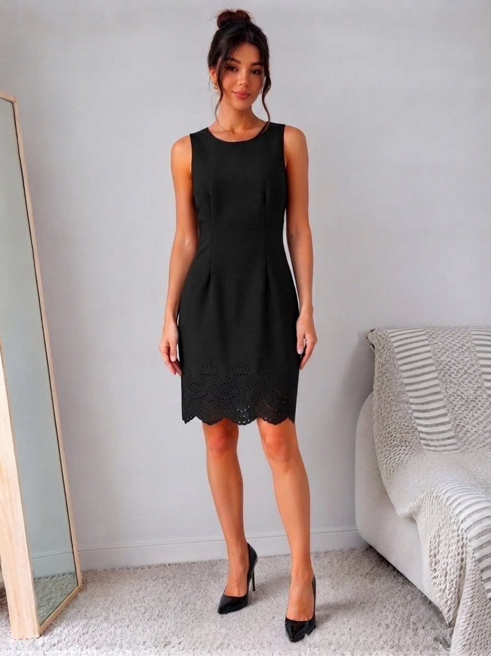 Classic Black Sleeveless Sheath Dress with Scalloped Hem